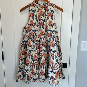 TCEC Cotton Ivory Blue Orange Babydoll Dress - M